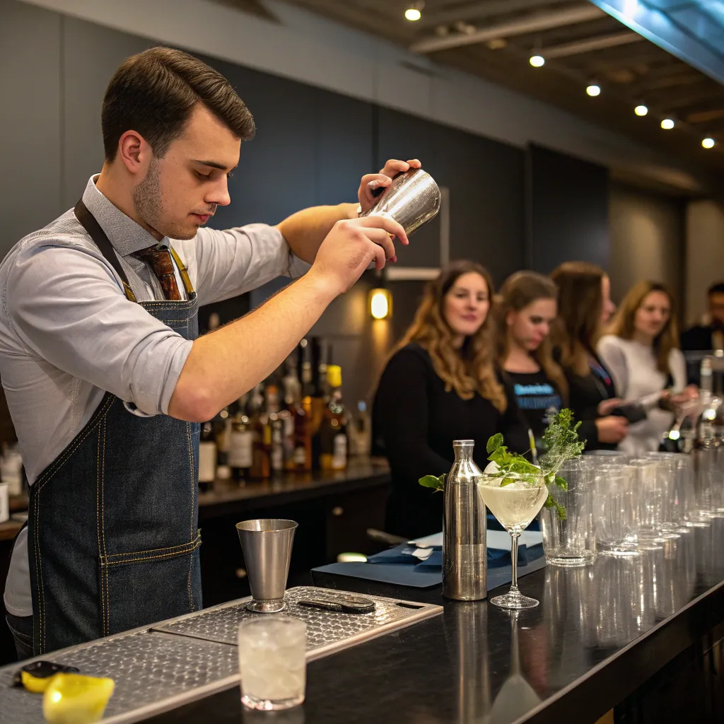 Mixology class with a bartender stirring a cocktail
