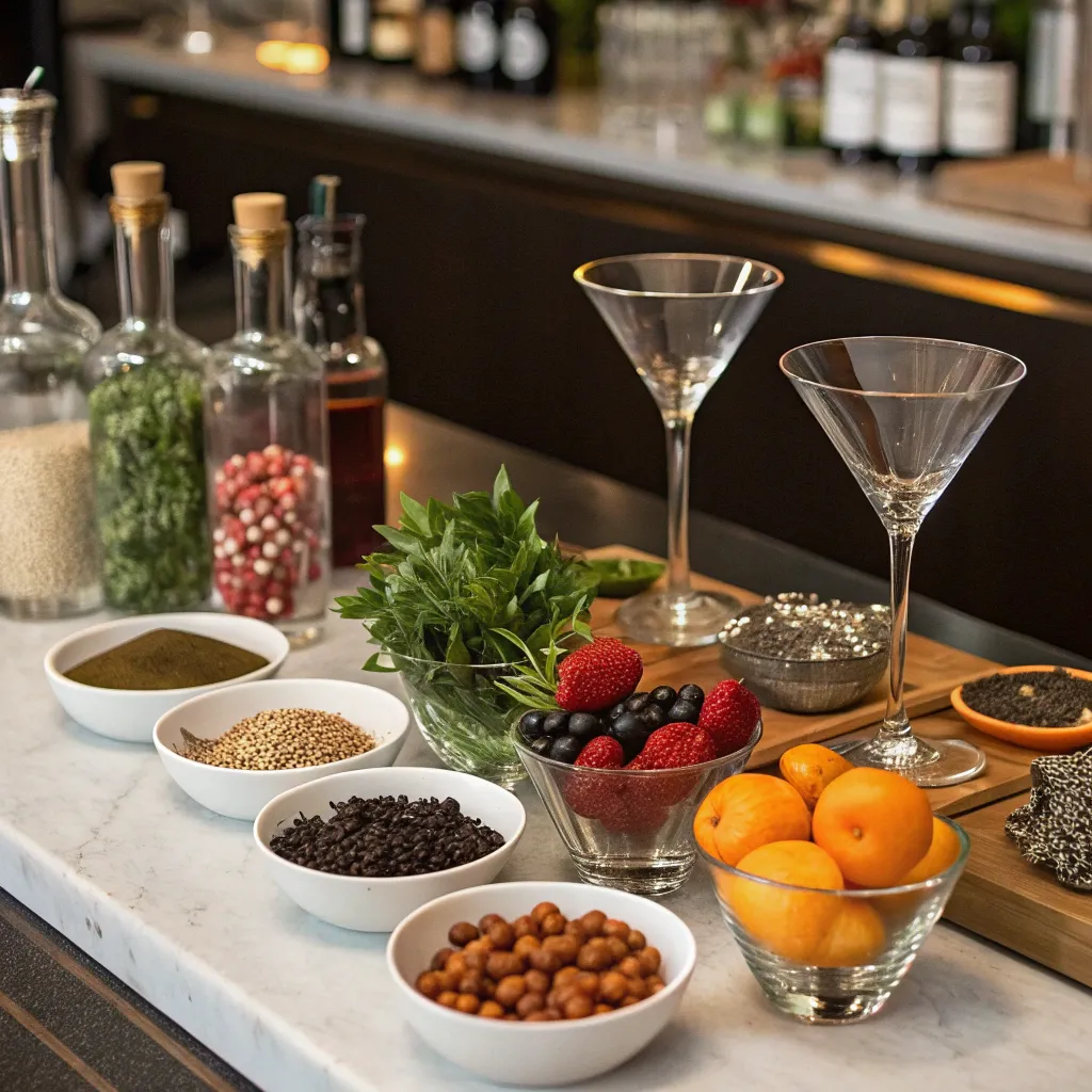 Seasonal cocktail ingredients and glassware on a bar